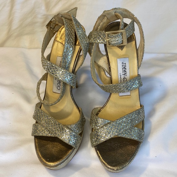 Jimmy Choo Silver Glitter Platform Stiletto Strappy Sandals - Picture 2 of 13